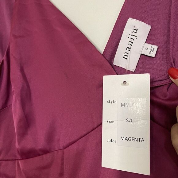NEW MANIJU Magenta v neck plunge maxi gown dress tie shoulders size small - Picture 7 of 7